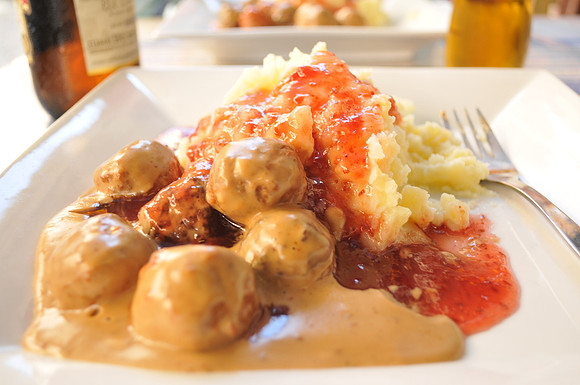 Swedish meatballs mashed potatoes and strawberry jam.